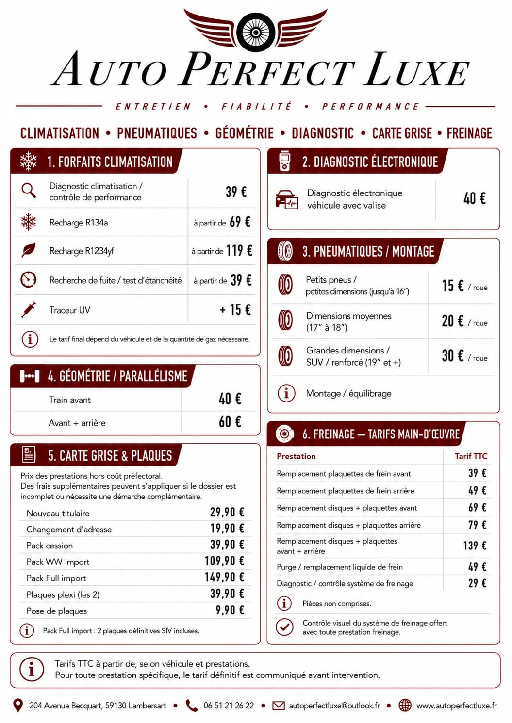 Grille tarifaire AUTO PERFECT LUXE : climatisation, pneumatiques, géométrie, diagnostic, carte grise et freinage