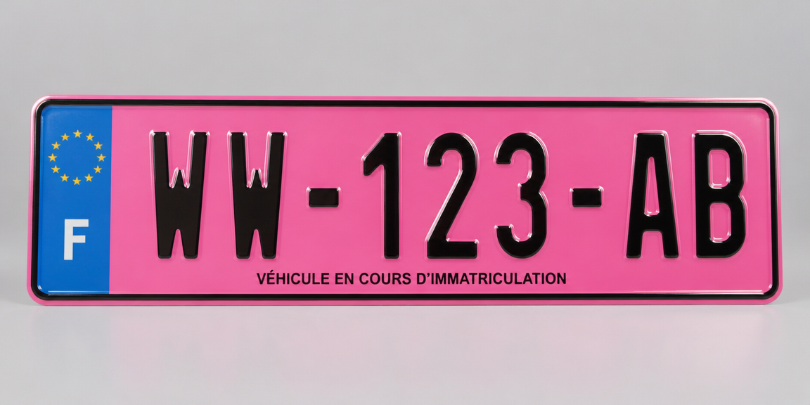 Plaque d'immatriculation provisoire rose française format WW